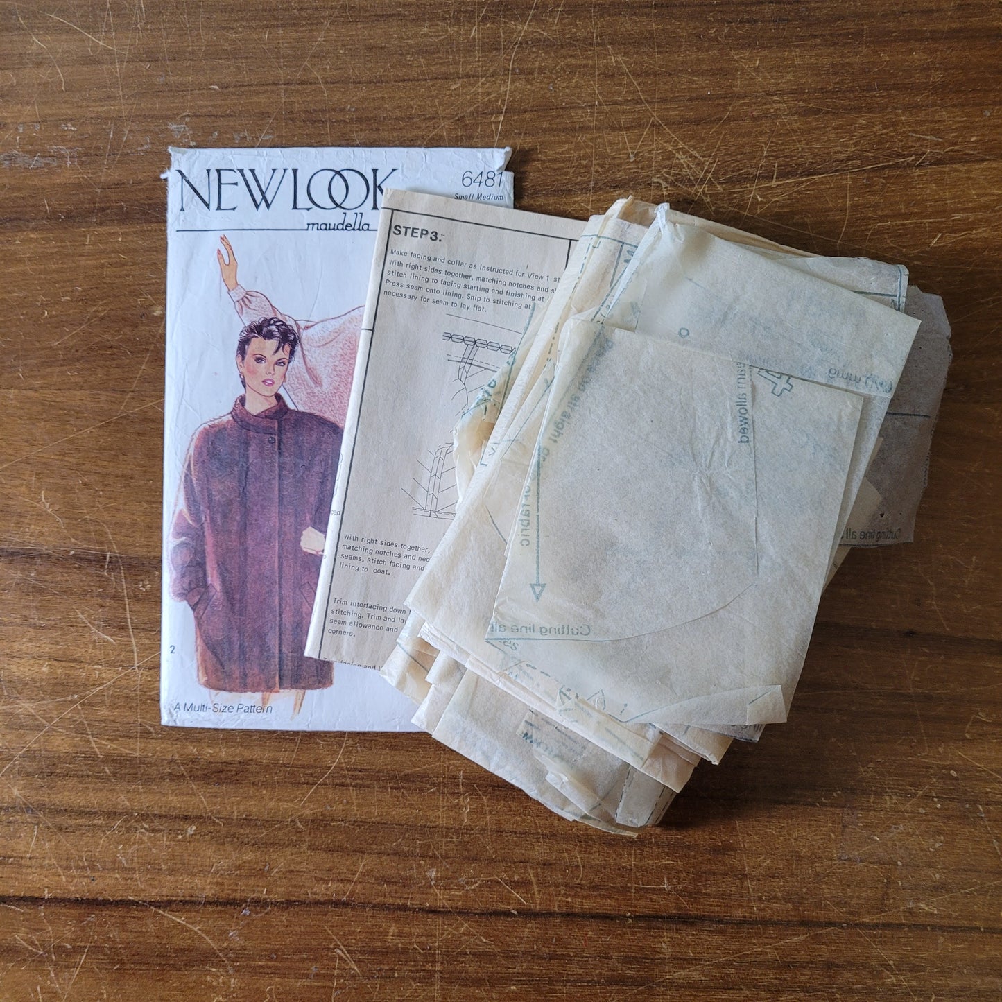 Part cut 1980s New Look Maudella 6481 sewing pattern for 3/4 coat, sizes S/M/L/XL (part cut to size XL, complete)