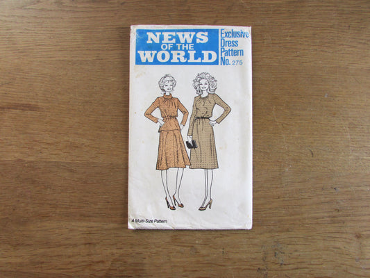 Uncut 1970s News of The World 275 sewing pattern for four-sizes-in-one dress, sizes 10-12-14-16 (complete)