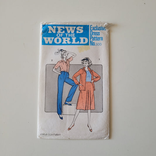 Uncut 1980s News of The World No.300 sewing pattern for top, skirt & trousers, sizes 12 to 18 (complete)