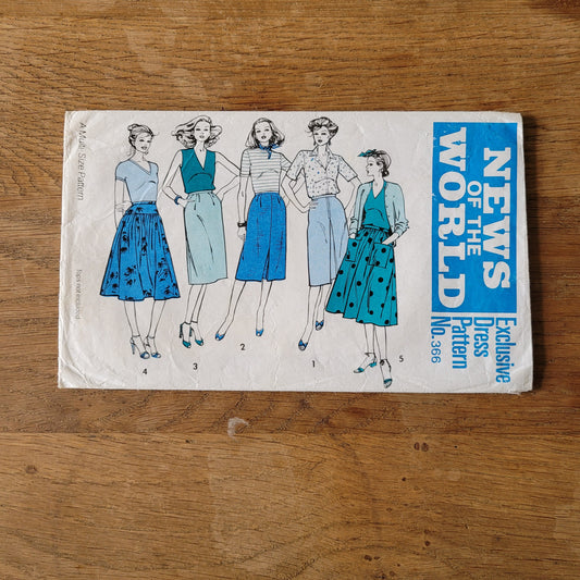 Part cut 1980s News of the World No.366 sewing pattern for skirts in three variations, sizes 8 to 16 (complete, but see description below)