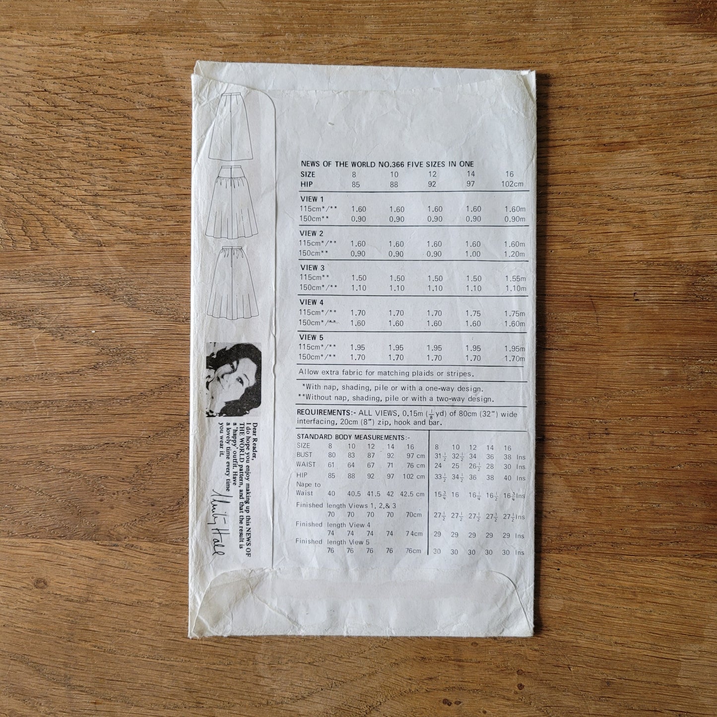 Part cut 1980s News of the World No.366 sewing pattern for skirts in three variations, sizes 8 to 16 (complete, but see description below)