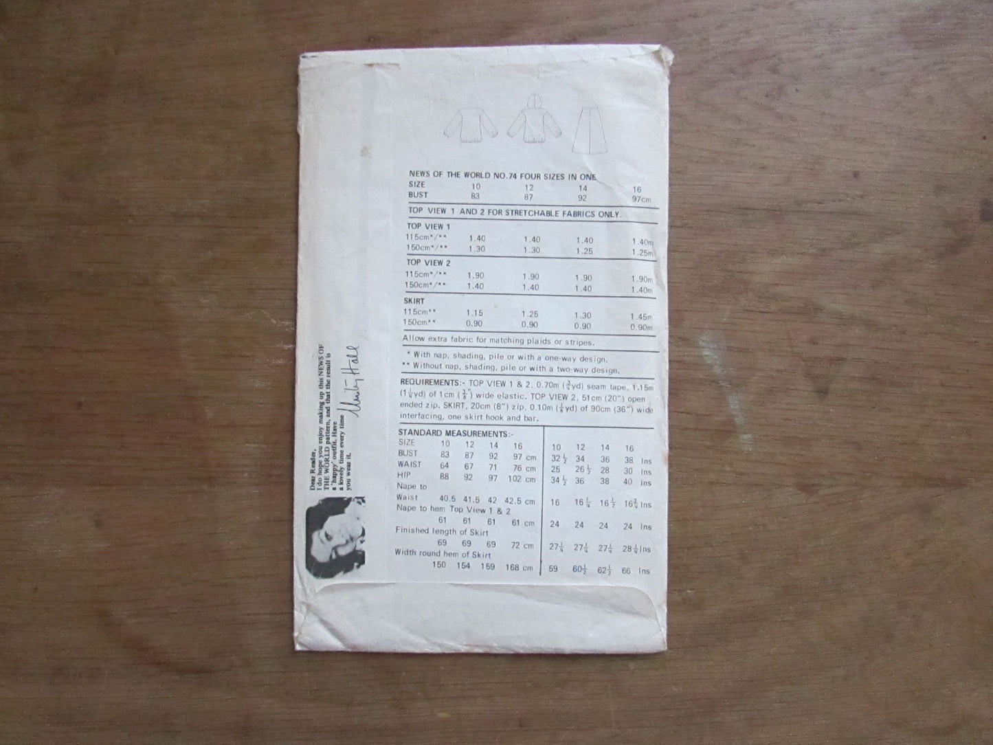 Part cut 1980s News of The World No.74 sewing pattern for top with or without hood, & skirt, sizes 10 to 16 (cut to size 16, complete)