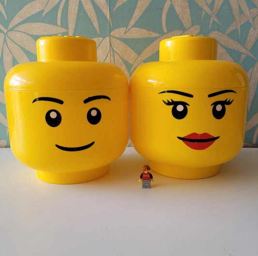 Pair of large 2012 LEGO male & female head plastic storage containers