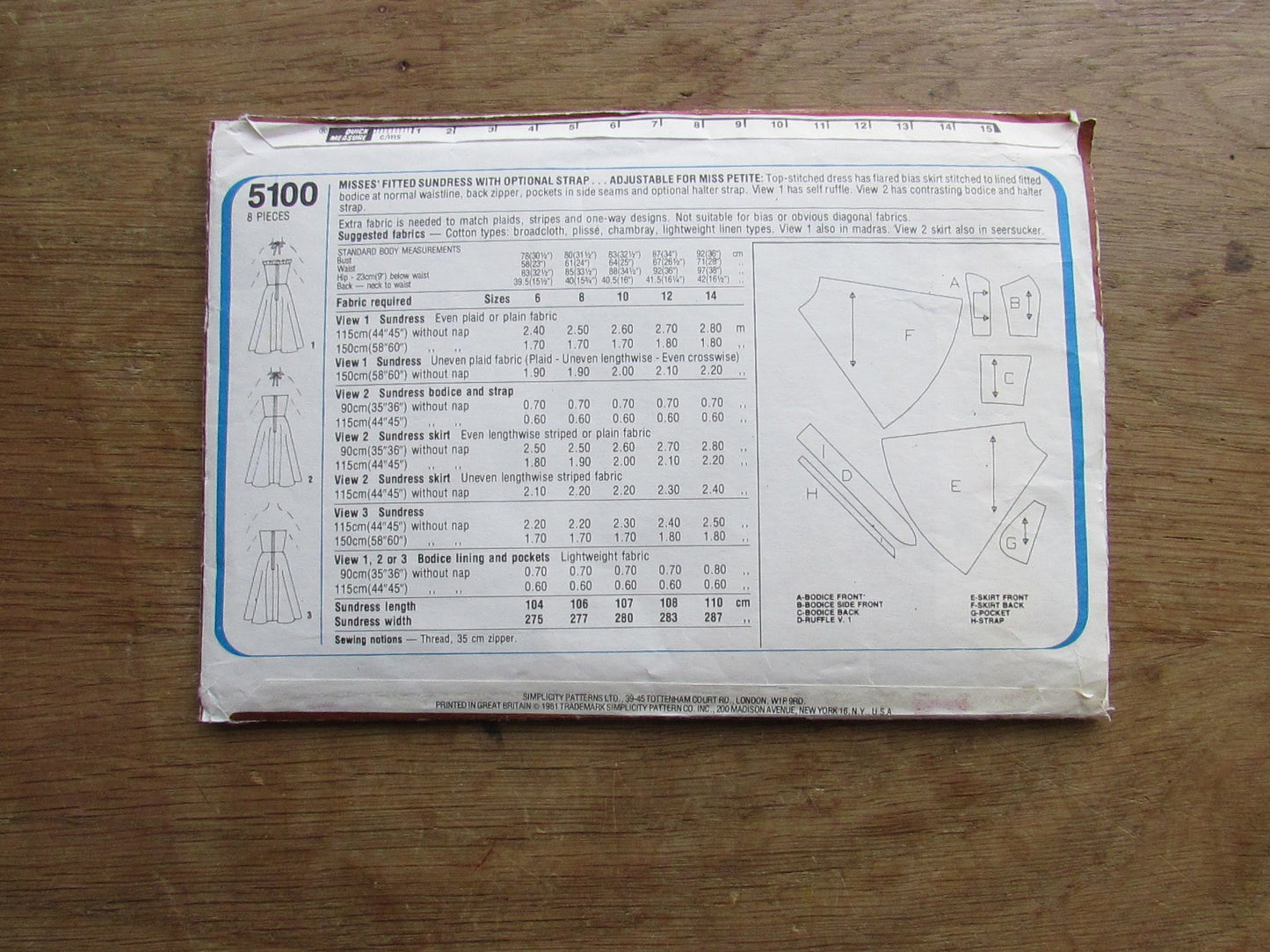 Part cut 1981 Simplicity 5100 sewing pattern for misses' fitted sundress with optional strap..., size 14 (complete)