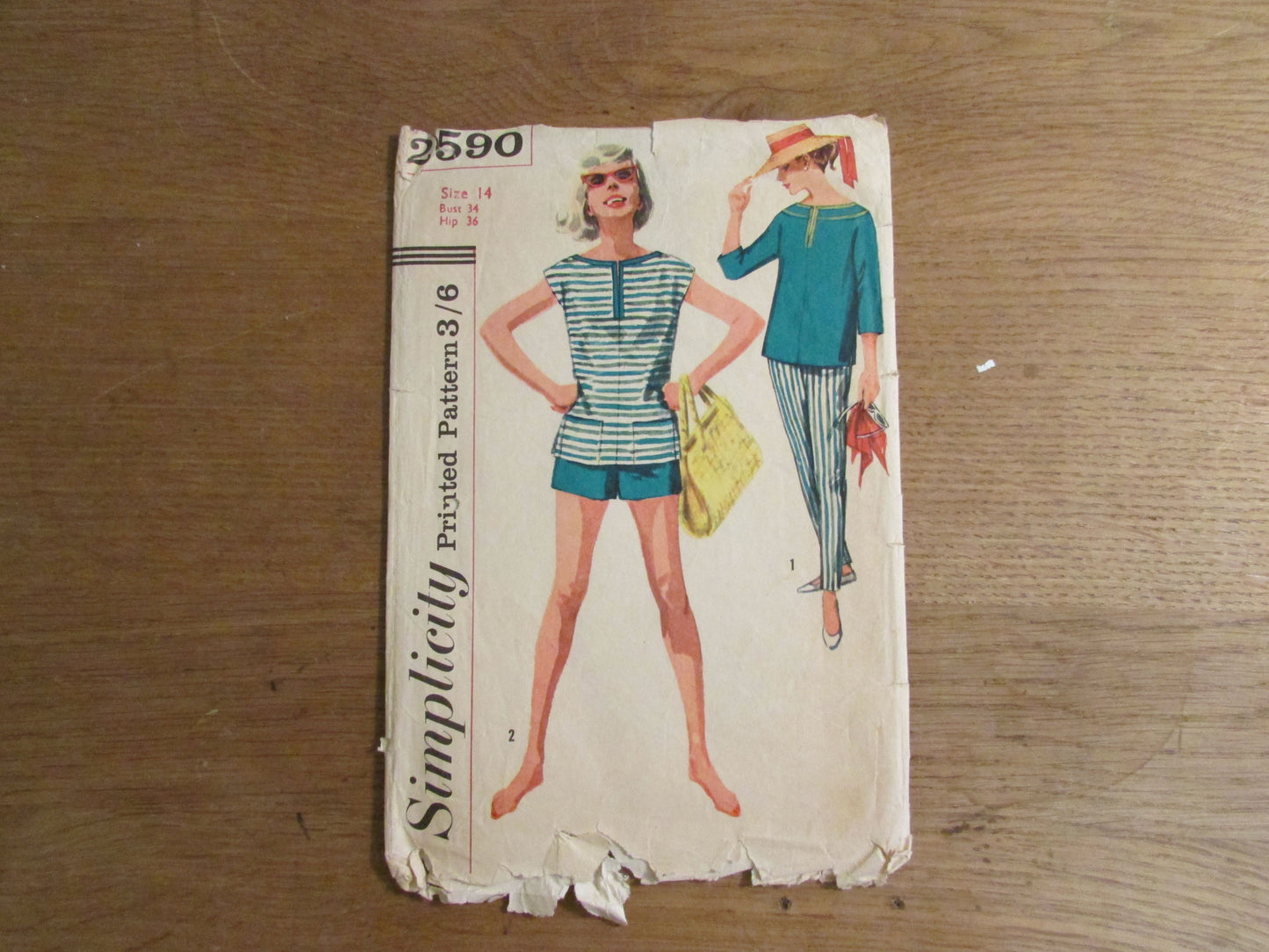 Used 1958 Simplicity 2590 sewing pattern for misses' & misses' pants in two lengths, and overblouse, size 14 (complete)