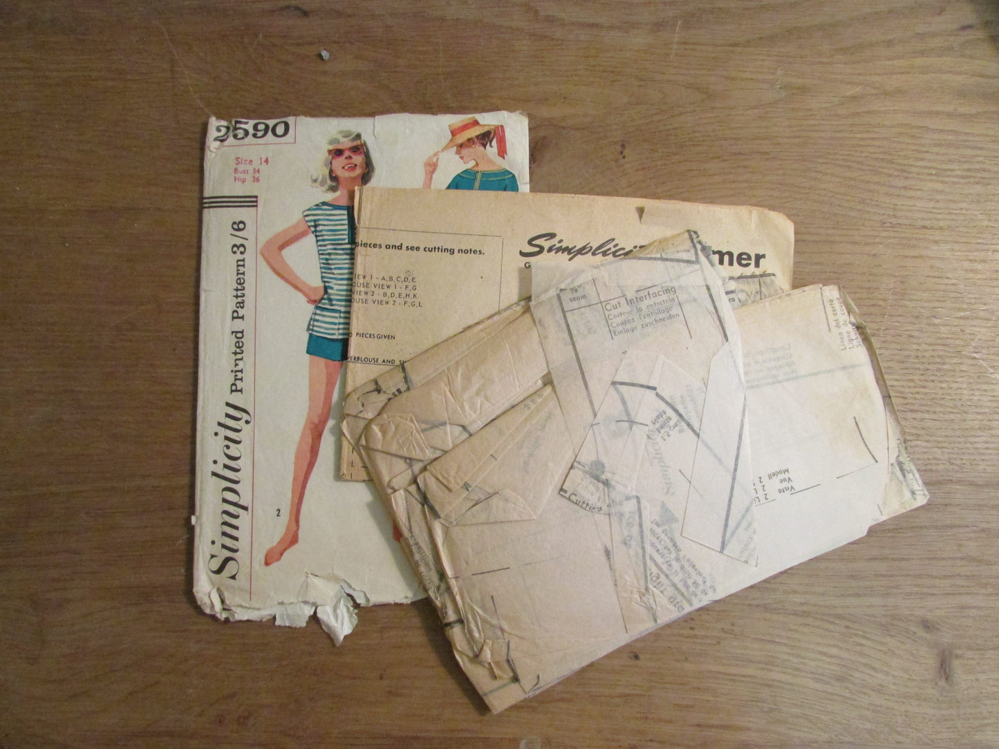 Used 1958 Simplicity 2590 sewing pattern for misses' & misses' pants in two lengths, and overblouse, size 14 (complete)