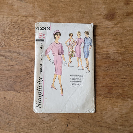 Part cut 1960s Simplicity 4293 sewing pattern for misses' dress & jacket with detachable collar, size 16 (complete)