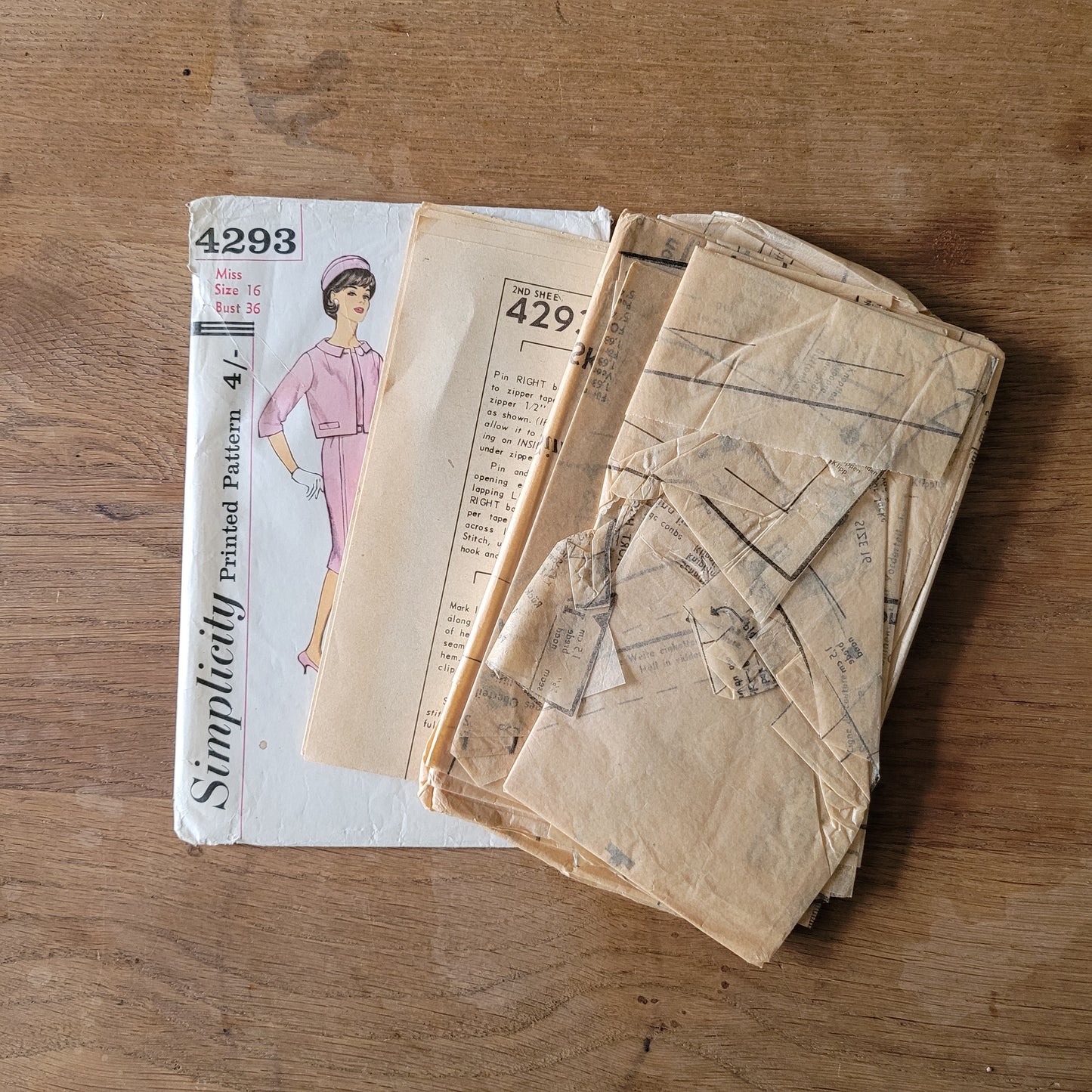 Part cut 1960s Simplicity 4293 sewing pattern for misses' dress & jacket with detachable collar, size 16 (complete)