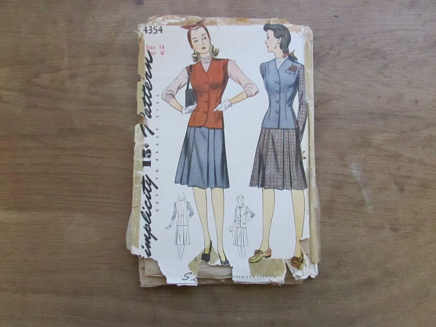 Used 1940s Simplicity 4354 sewing pattern for misses' & woman's suit, size 14 (complete