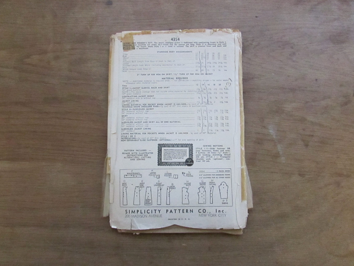 Used 1940s Simplicity 4354 sewing pattern for misses' & woman's suit, size 14 (complete