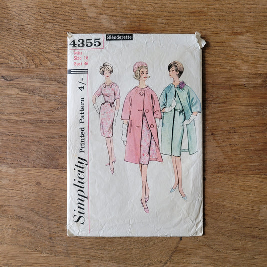 Part cut 1962 Simplicity Slenderette 4355 sewing pattern for misses' & women's one-piece dress and coat, size 16 (complete)
