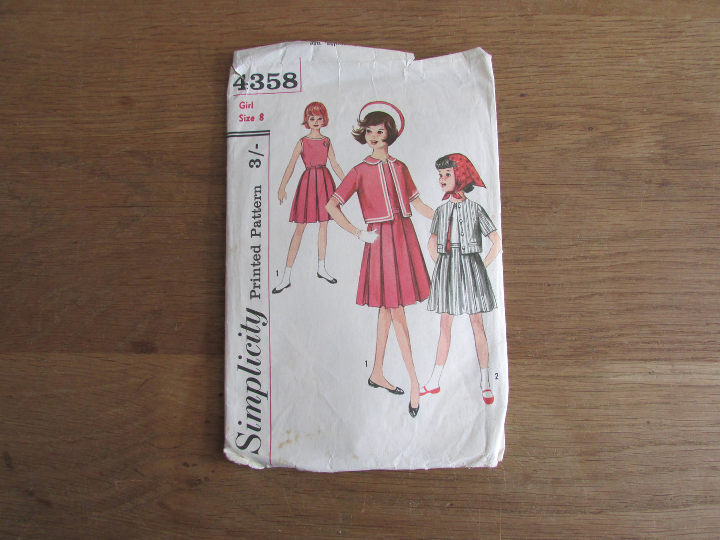 Part cut 1950s/60s Simplicity 4358 sewing pattern for girls' one-piece dress, skirt, jacket & scarf, girl size 8 (complete)