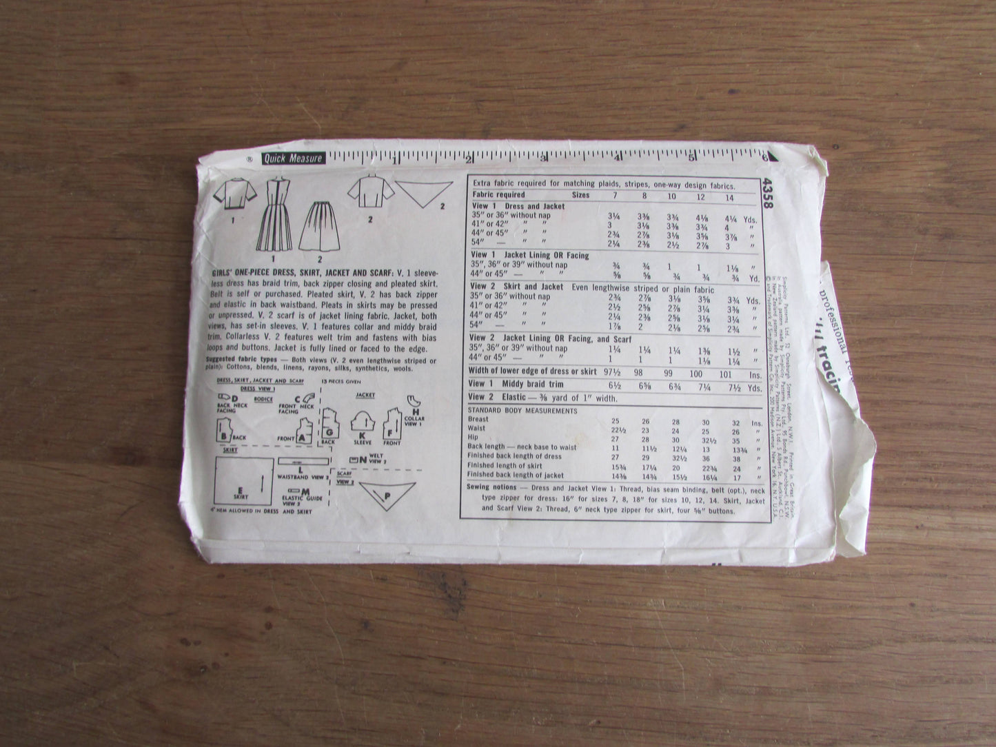 Part cut 1950s/60s Simplicity 4358 sewing pattern for girls' one-piece dress, skirt, jacket & scarf, girl size 8 (complete)