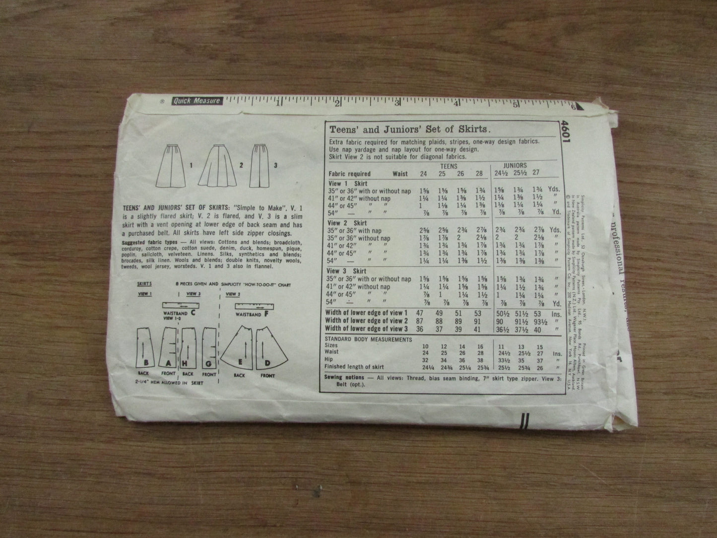 Part cut 1962 Simplicity 4601 sewing pattern for teens' & juniors' set of skirts (complete)