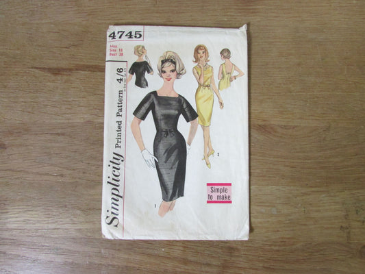 Part cut 1963 Simplicity 4745 sewing pattern for misses' one-piece dress with two backs, size 18 (complete)