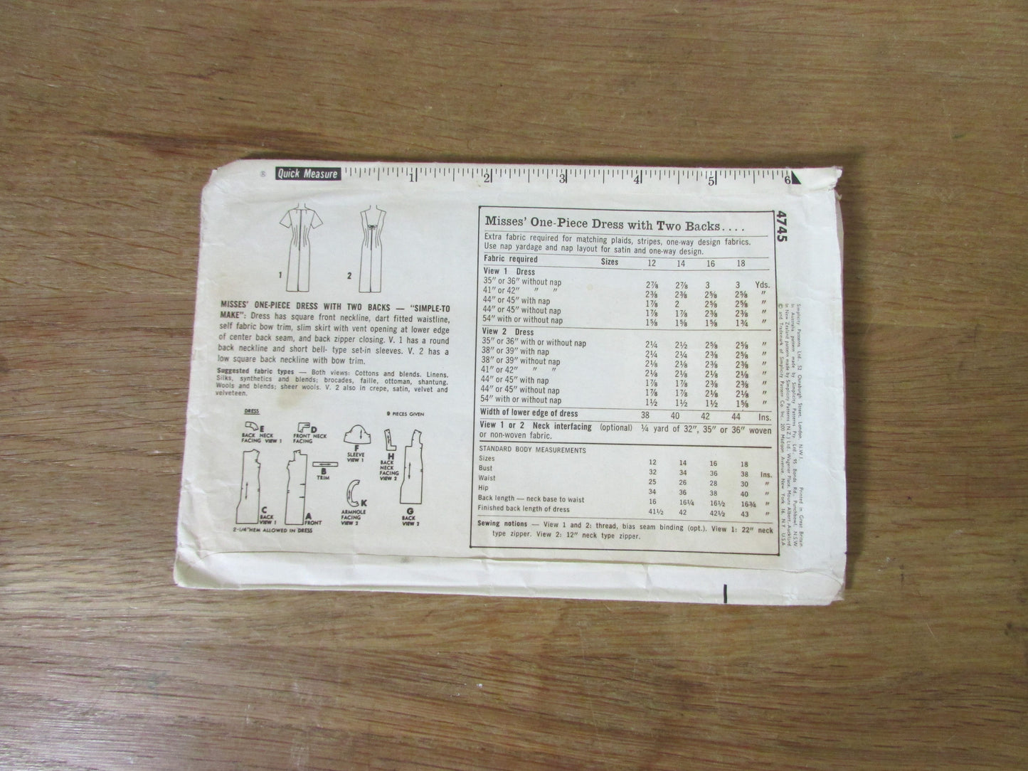 Part cut 1963 Simplicity 4745 sewing pattern for misses' one-piece dress with two backs, size 18 (complete)