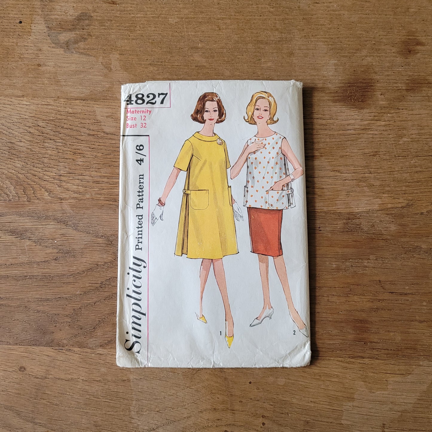 Uncut 1963 Simplicity 4827 sewing pattern for maternity one-piece dress, top & skirt, size 12 (complete)