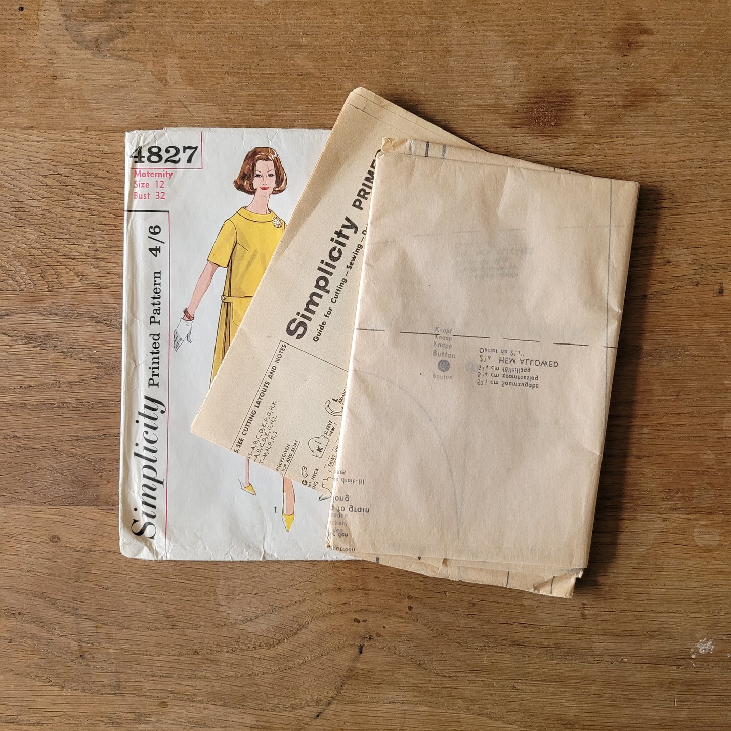 Uncut 1963 Simplicity 4827 sewing pattern for maternity one-piece dress, top & skirt, size 12 (complete)