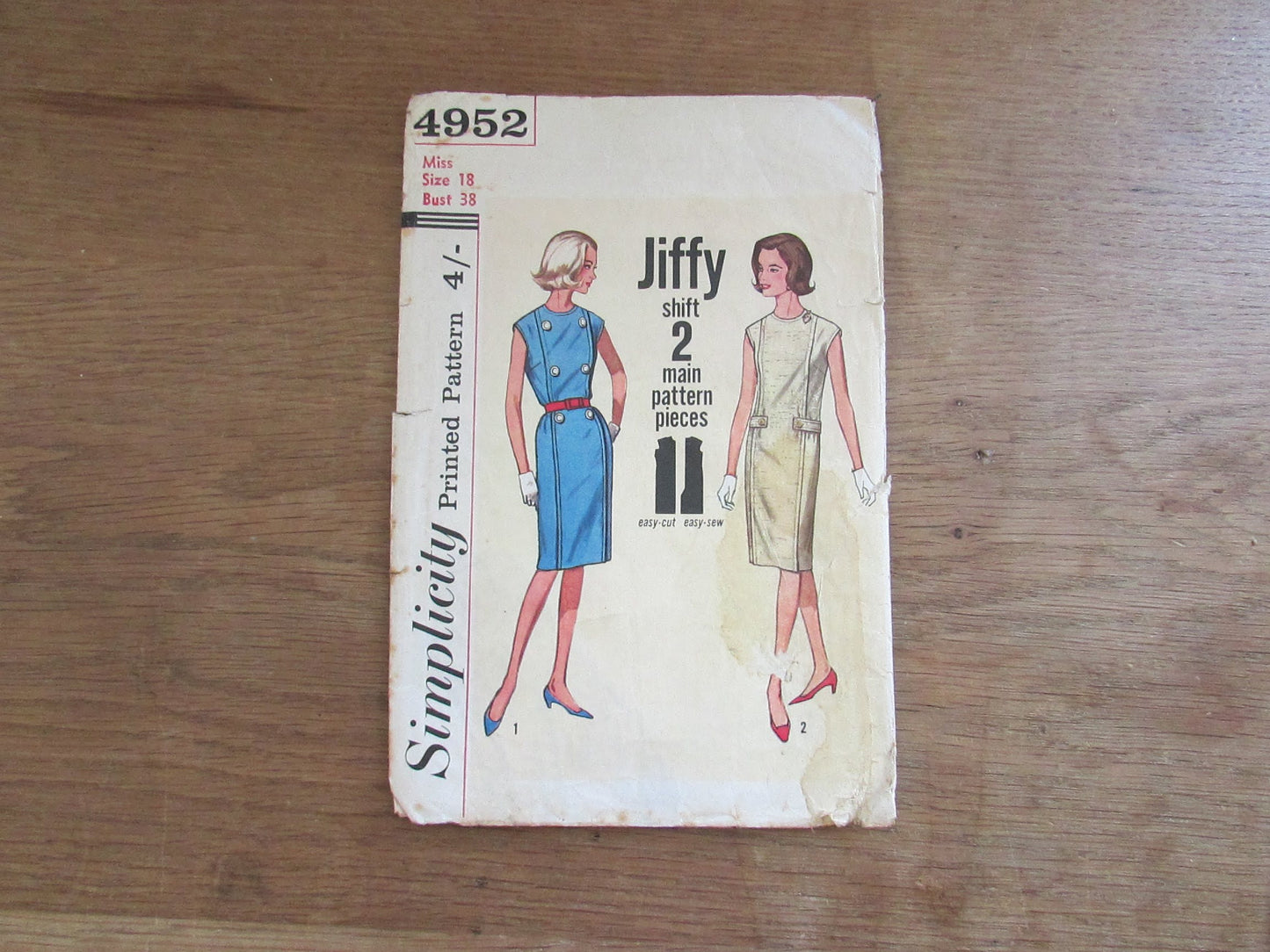 Used 1960s Simplicity 4952 sewing pattern for misses' one-piece jiffy dress, size 18 (complete)