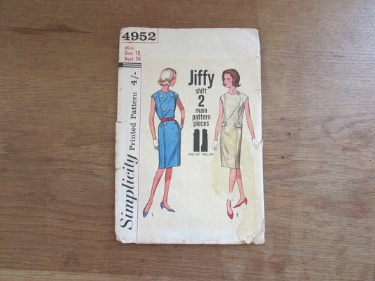 Used 1960s Simplicity 4952 sewing pattern for misses' one-piece jiffy dress, size 18 (complete)