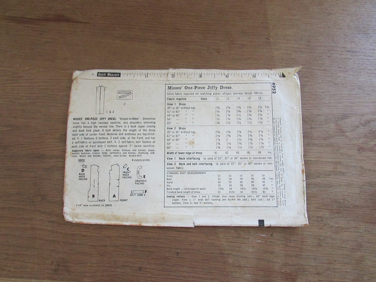 Used 1960s Simplicity 4952 sewing pattern for misses' one-piece jiffy dress, size 18 (complete)