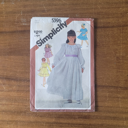 Uncut 1981 Simplicity 5396 sewing pattern for child's & girls' pullover dress in 2 lengths, size 3 (complete)