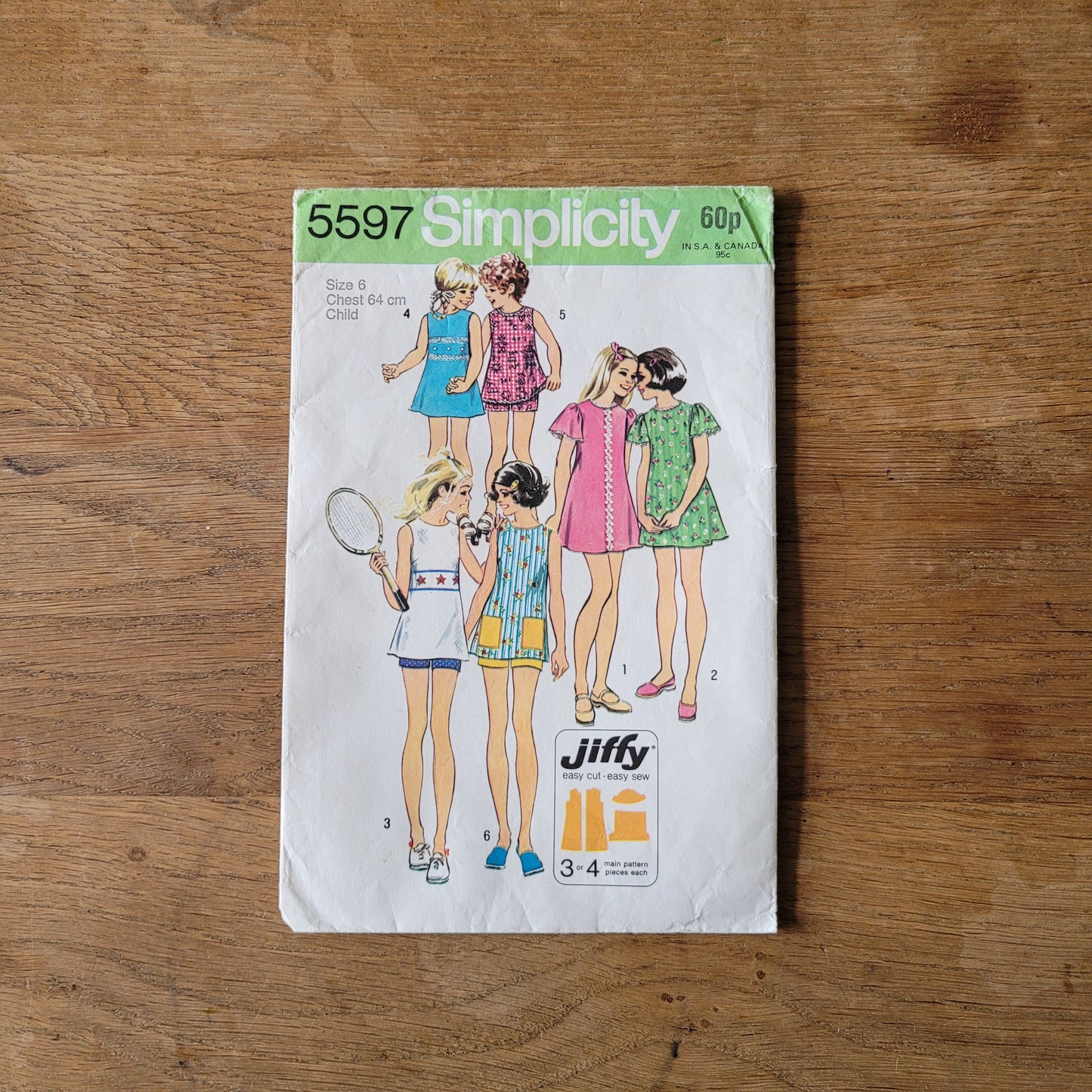 Part cut 1973 Simplicity 5597 sewing pattern for child's and girl's jiffy dress or tunic & shorts, size 6 (complete)