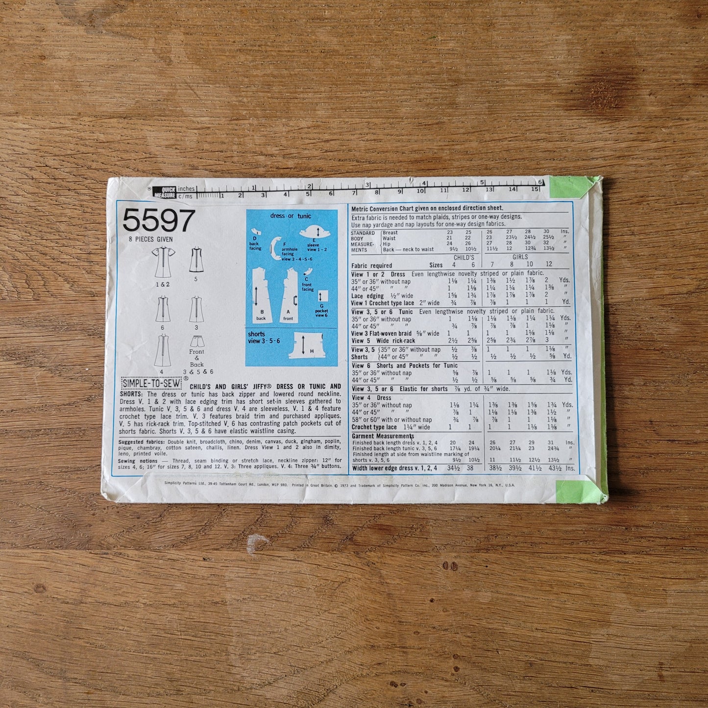 Part cut 1973 Simplicity 5597 sewing pattern for child's and girl's jiffy dress or tunic & shorts, size 6 (complete)