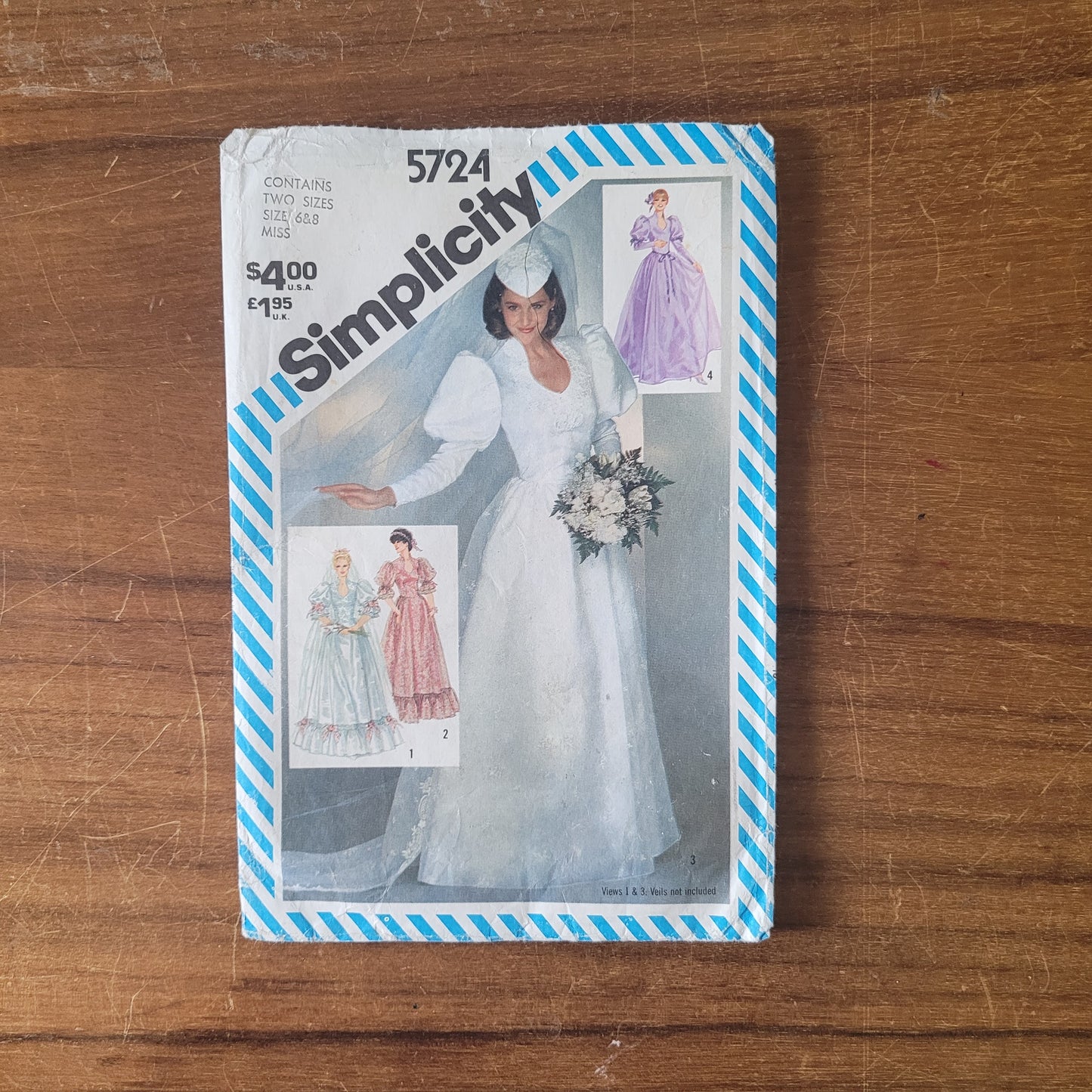 Uncut 1982 Simplicity 5724 sewing pattern for misses' lined brides' & bridesmaids' dresses, and detachable train, sizes 6 + 8 (complete)
