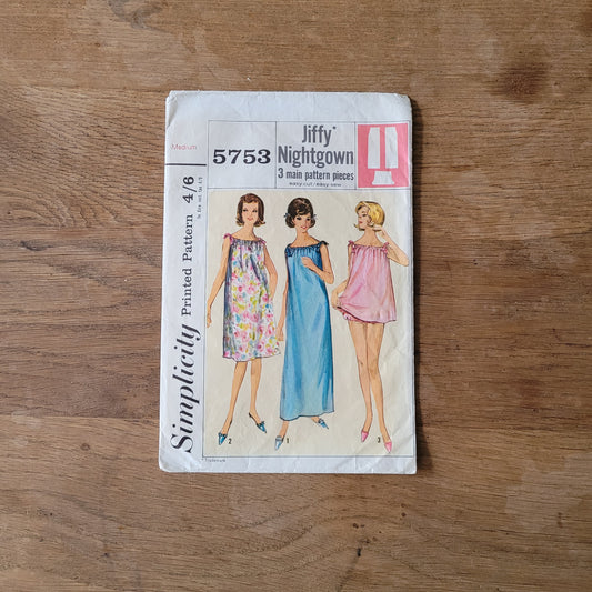 Part cut 1964 Simplicity 5753 sewing pattern for jiffy nightgown in two lengths, and shortie pajamas, size M 14-16 (complete)