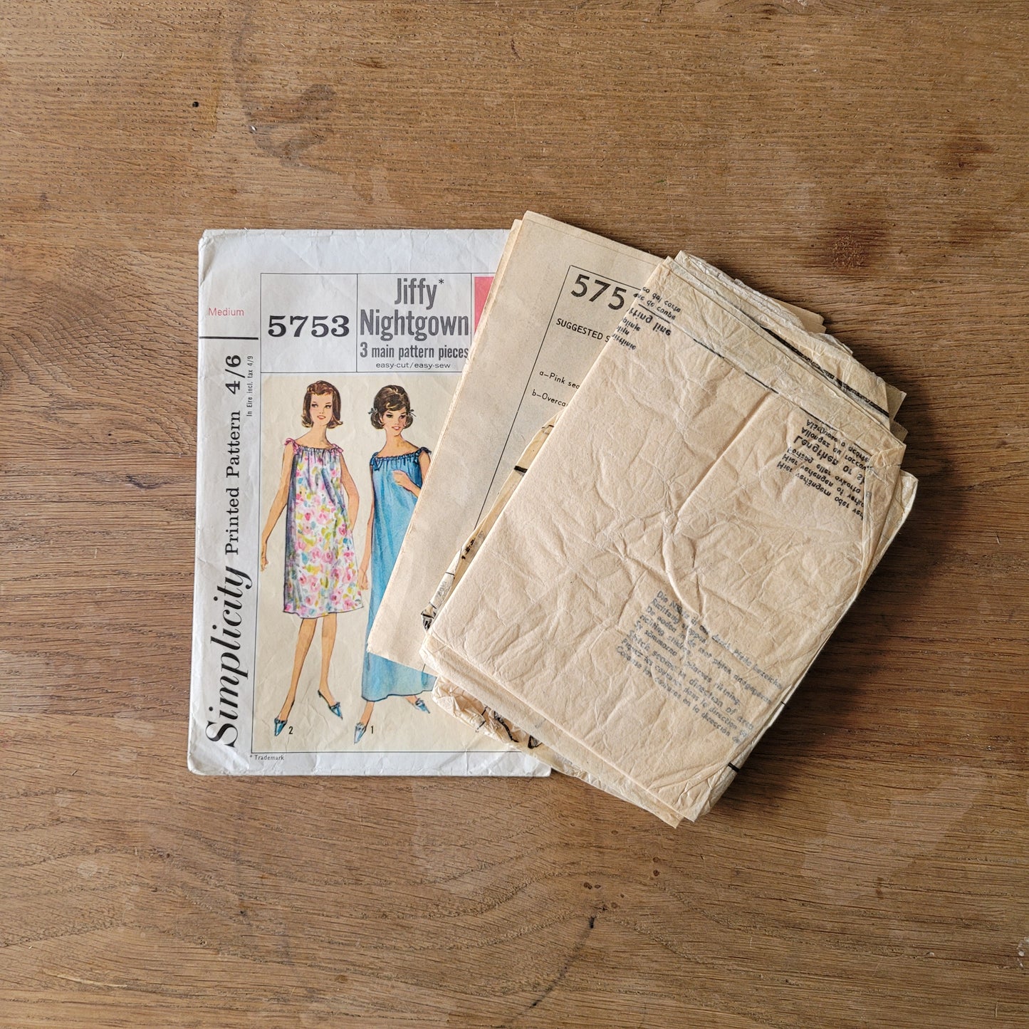 Part cut 1964 Simplicity 5753 sewing pattern for jiffy nightgown in two lengths, and shortie pajamas, size M 14-16 (complete)