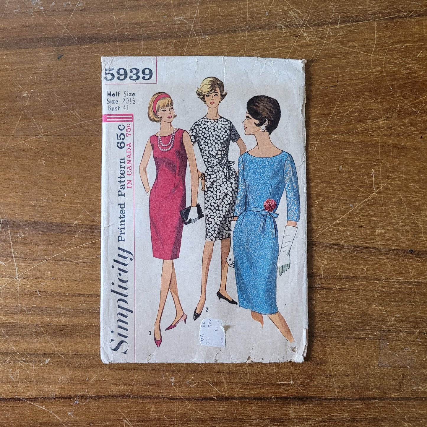 Part cut 1965 Simplicity 5939 sewing pattern for one-piece dress in women's and misses' & women's half-sizes, size 20.5 (complete)