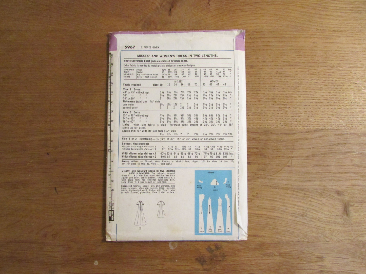 Uncut 1973 Simplicity 5967 sewing pattern for misses' & women's dress, size 18 (complete)