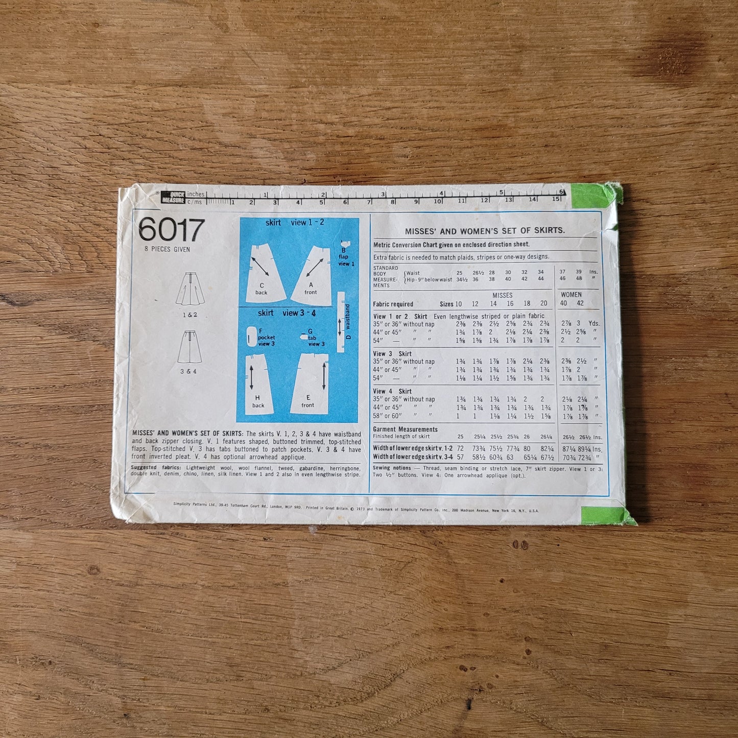 Part cut 1973 Simplicity 6017 sewing pattern for misses' & women's set of skirts, size 12 (complete)
