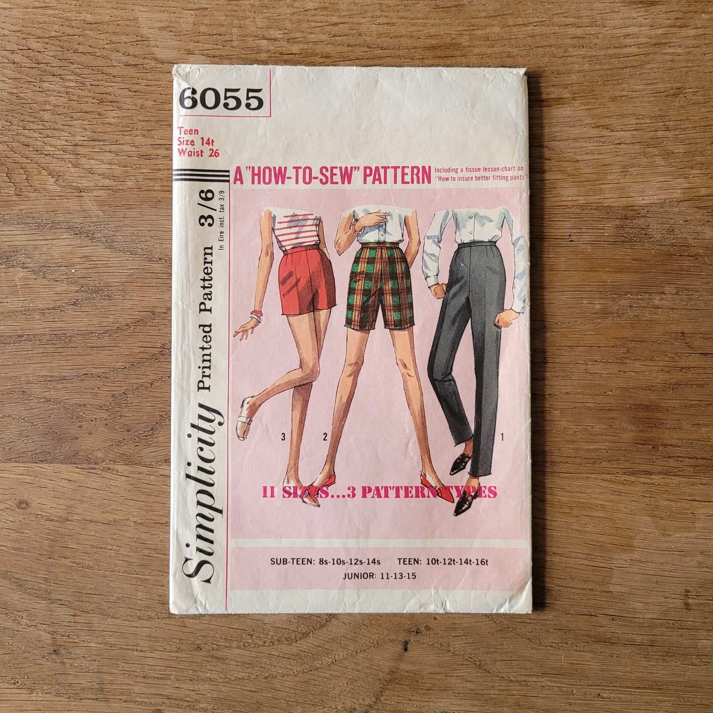 Part cut 1965 Simplicity 6055 sewing pattern for teens' shorts in two lengths, and slacks, size 14+ (complete)