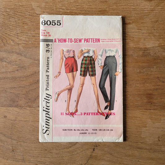 Part cut 1965 Simplicity 6055 sewing pattern for teens' shorts in two lengths, and slacks, size 14+ (complete)