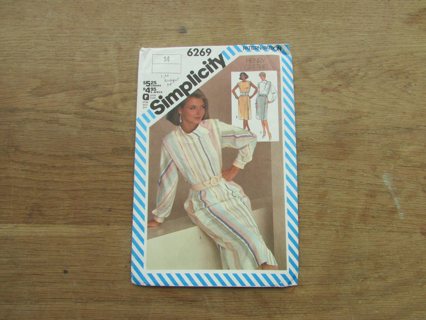 Uncut 1983 Simplicity 6269 sewing pattern by Henry Grethel for misses' two-piece dress with sleeve variations, size 14 (complete)