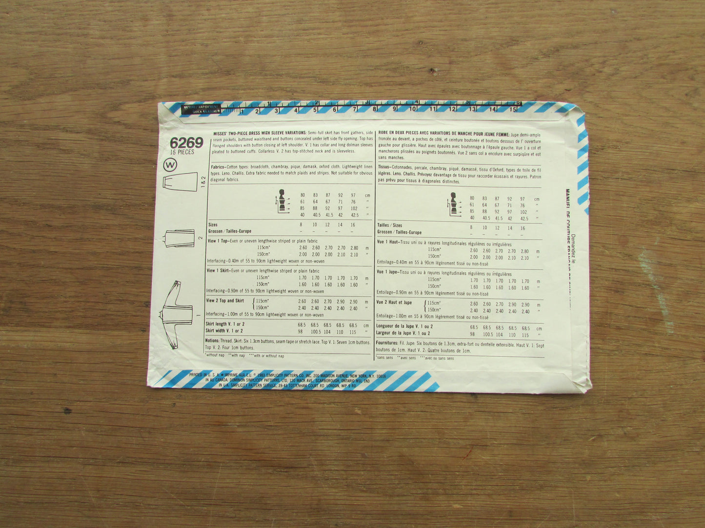 Uncut 1983 Simplicity 6269 sewing pattern by Henry Grethel for misses' two-piece dress with sleeve variations, size 14 (complete)