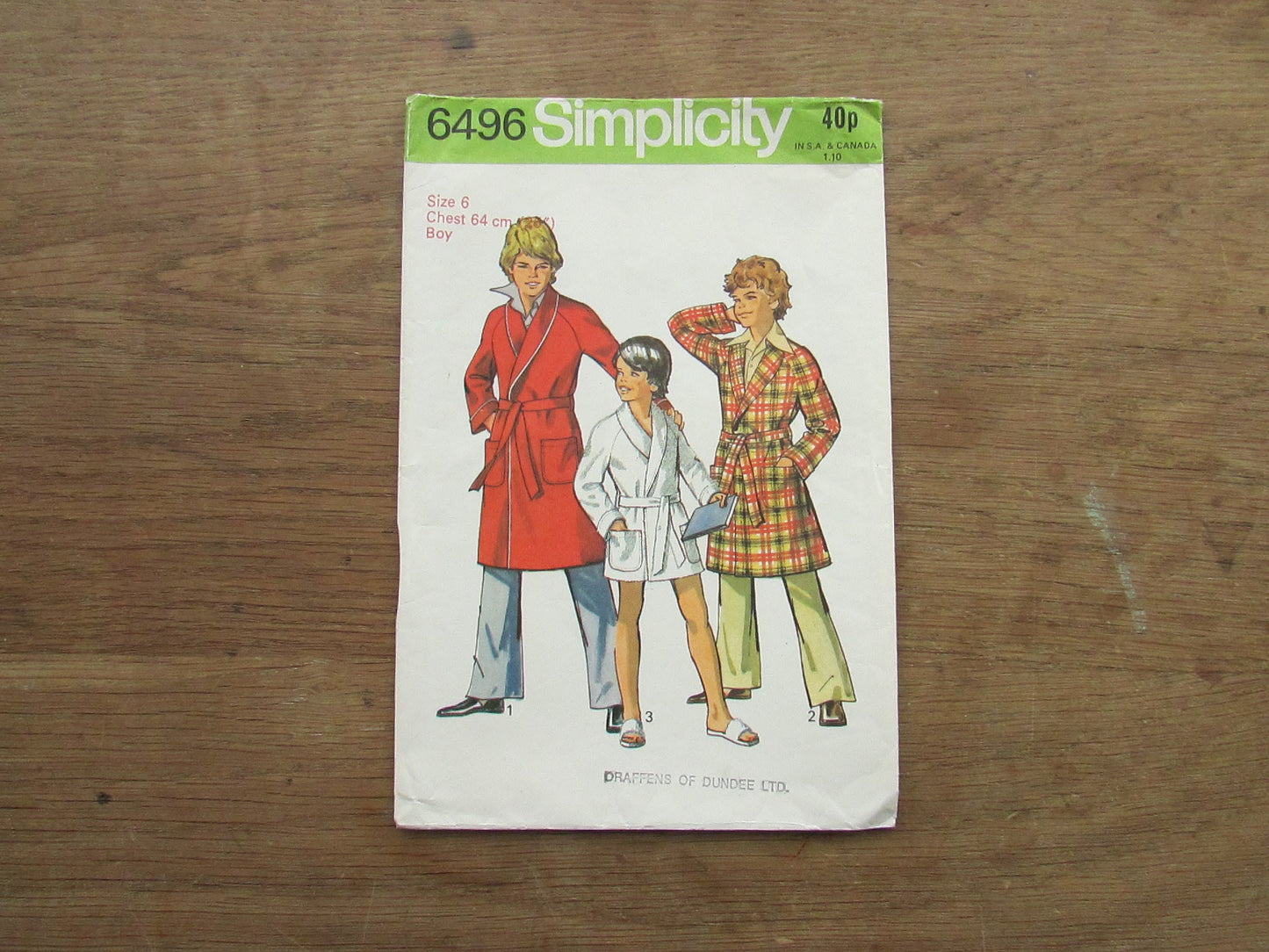Part-cut 1974 Simplicity 6496 sewing pattern for boys' robe, size 6 (complete, see description below)