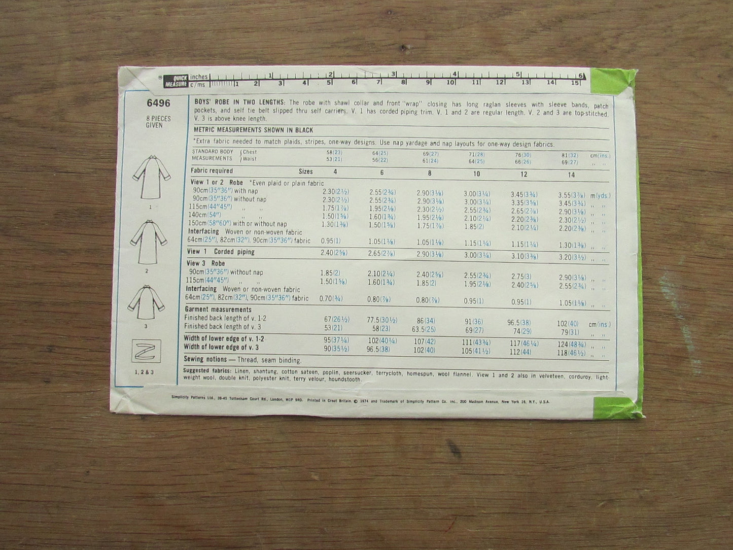 Part-cut 1974 Simplicity 6496 sewing pattern for boys' robe, size 6 (complete, see description below)