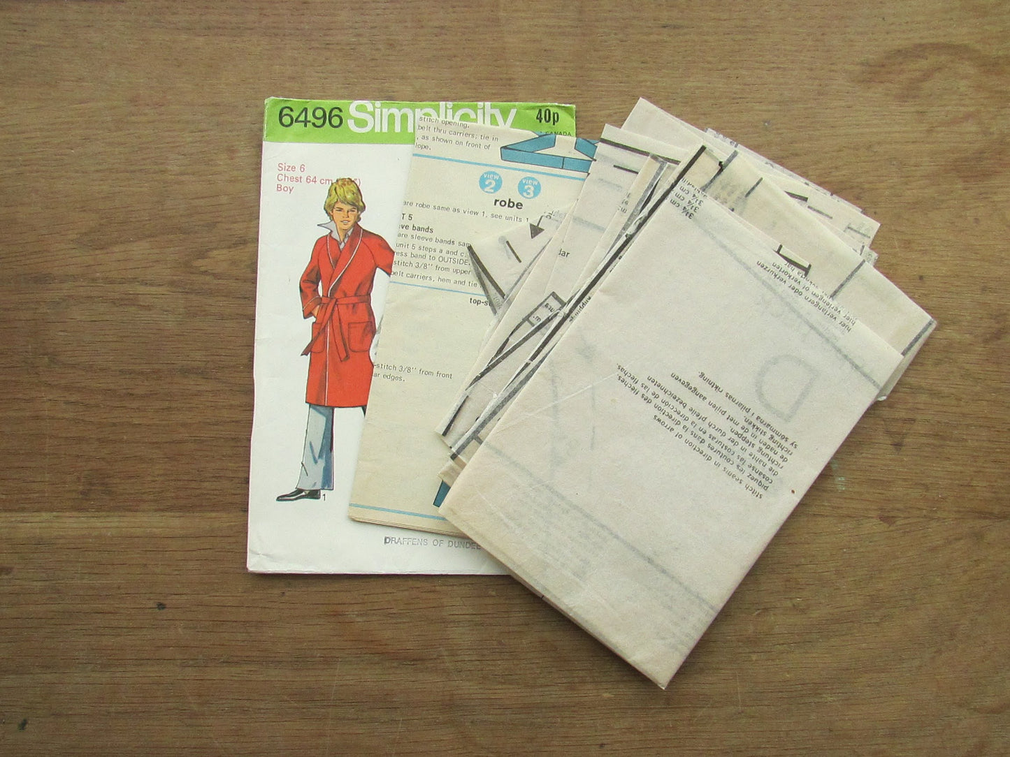 Part-cut 1974 Simplicity 6496 sewing pattern for boys' robe, size 6 (complete, see description below)
