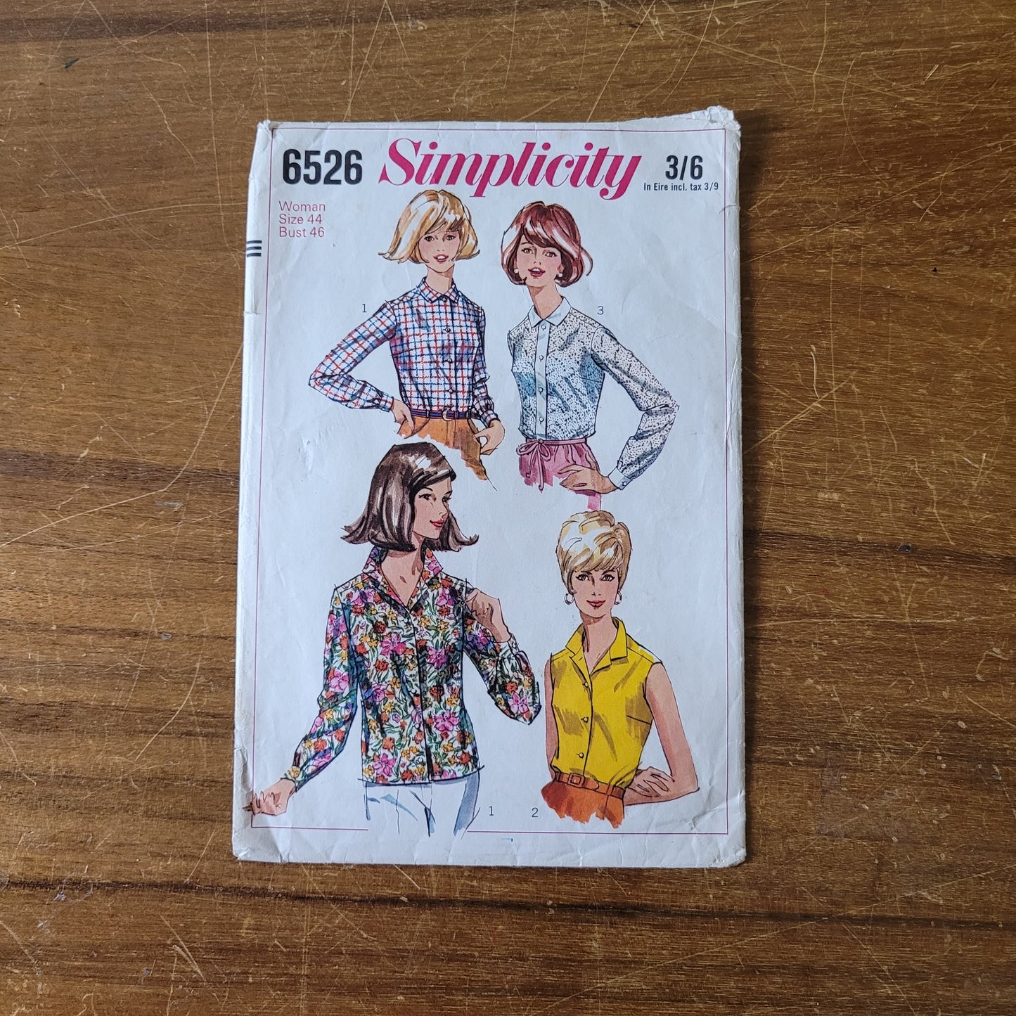 Part cut 1966 Simplicity 6526 sewing pattern for misses' & women's set of blouses, size 16 or 18 (complete)