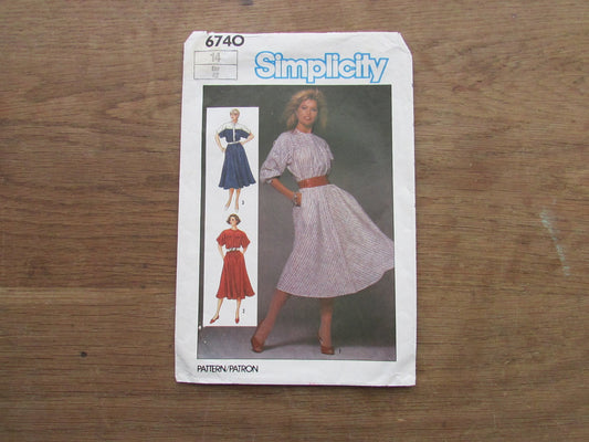 Part cut 1984 Simplicity 6740 sewing pattern for misses' dress with bias skirt, size 14 (complete)