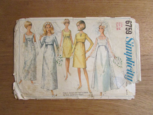 Part cut 1966 Simplicity 6759 sewing pattern for misses' wedding dress... or evening dress with jacket, size 14 (see description below)