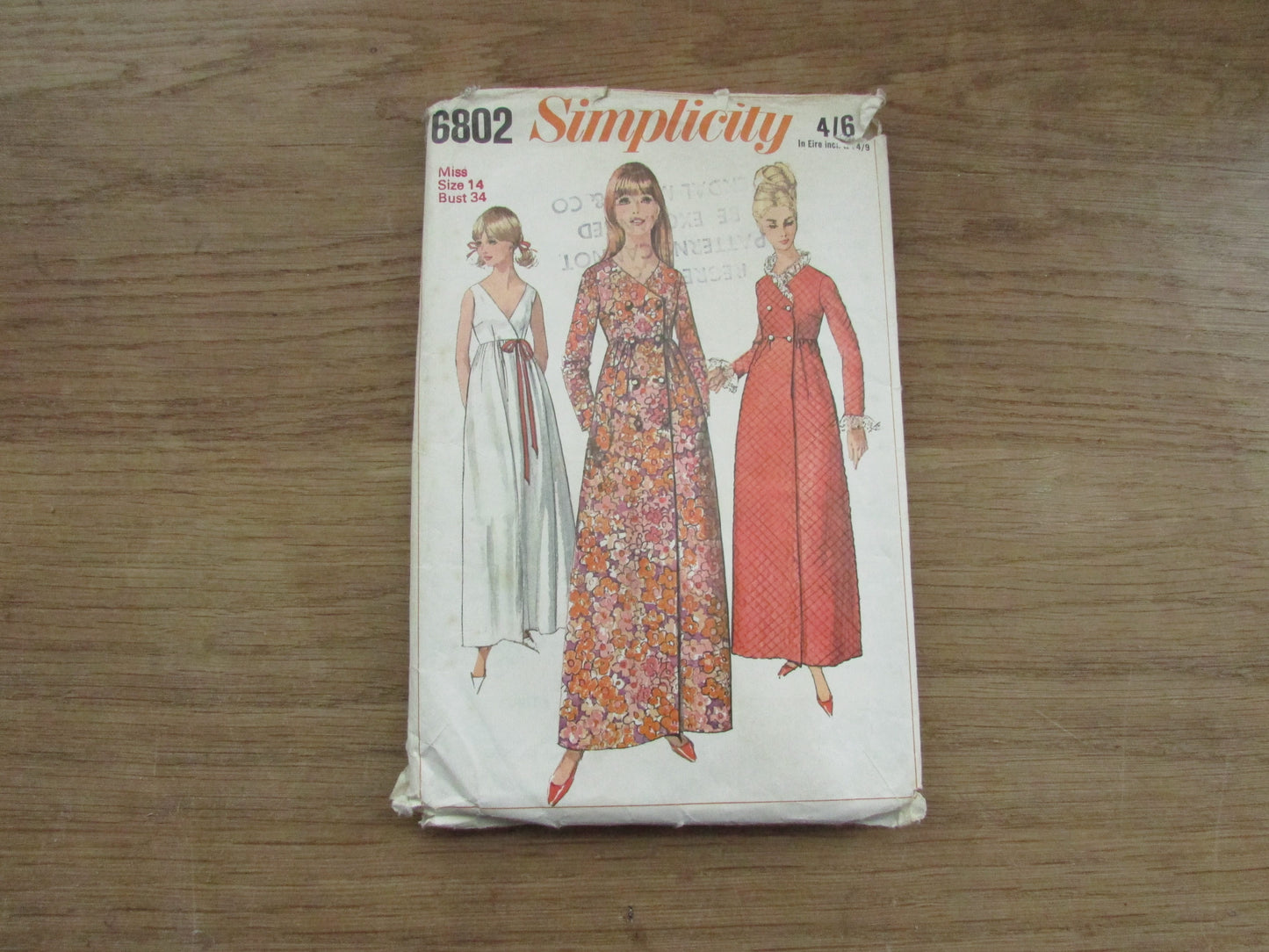 Part cut 1966 Simplicity 6802 sewing pattern for misses' robe & nightgown, size 14 (complete)