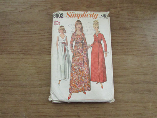 Part cut 1966 Simplicity 6802 sewing pattern for misses' robe & nightgown, size 14 (complete)
