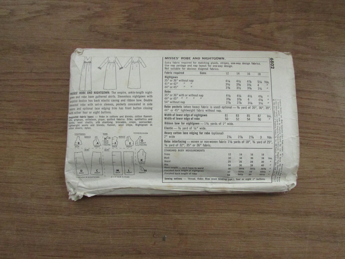 Part cut 1966 Simplicity 6802 sewing pattern for misses' robe & nightgown, size 14 (complete)