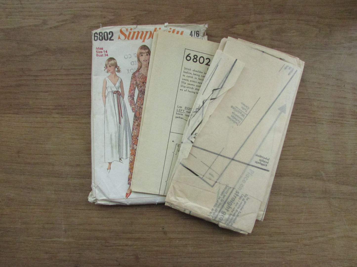 Part cut 1966 Simplicity 6802 sewing pattern for misses' robe & nightgown, size 14 (complete)