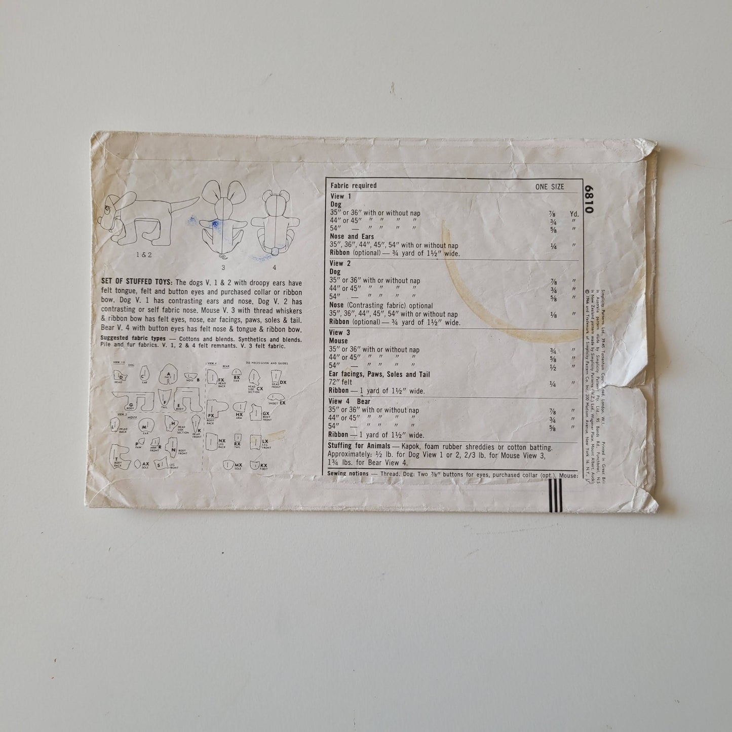 Used 1966 Simplicity 6810 sewing pattern for set of stuffed toys (see description below)
