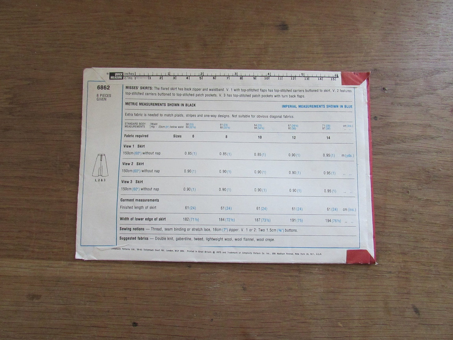 Used 1975 Simplicity 6862 sewing pattern for misses' skirts, size 14 (see description below)